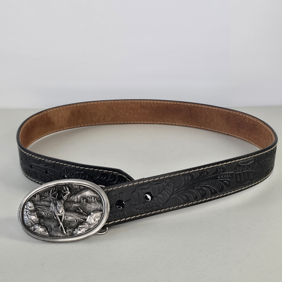 1983 Bergamot Brass Works Deer Buckle Western Tooled Leather Belt Size 32 USA - Picture 2 of 7